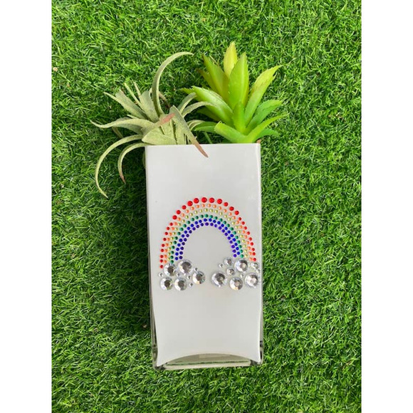 OOAK Tall White Rainbow Rhinestone Vase - Colorful Bling Gem Planter - Picture 5 of 7